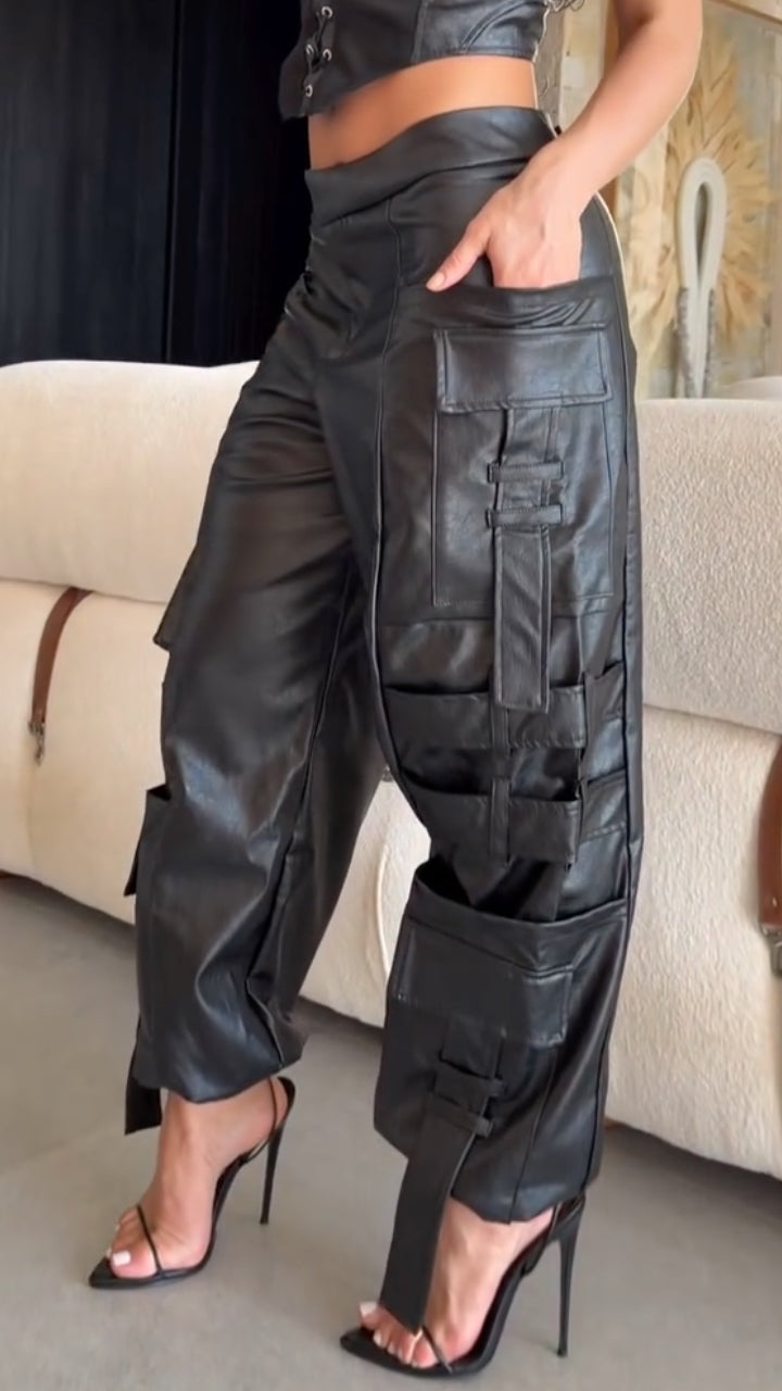 Faux Leather Lace Up Corset Top & Cargo Wide Leg Pants