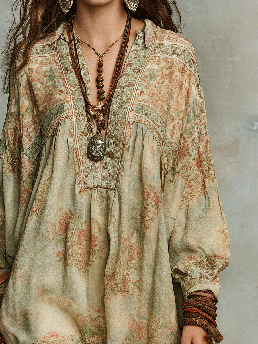 Vintage Boho Floral Embroidered Peasant Mini Dress