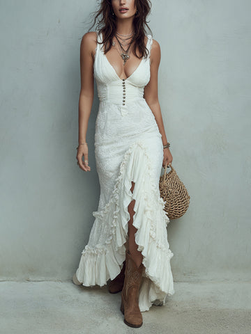 Lace And Cotton Blend Boho Maxi Dress With Ruffle Hem And Deep V-Neckline