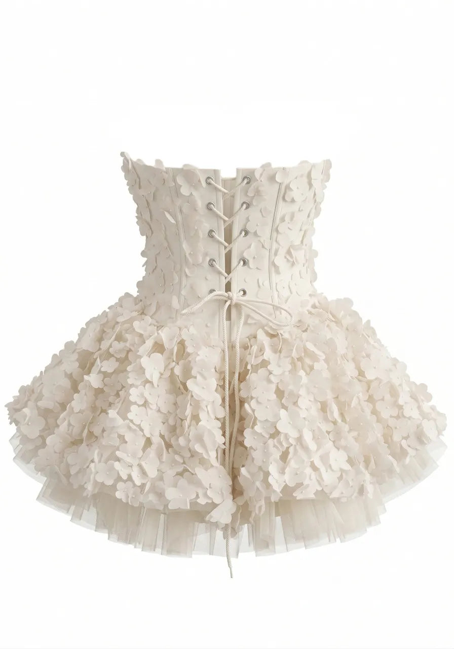 Strapless Floral Petal A Line Corset Dress Ivory