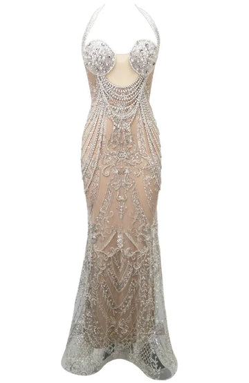 Halter Crystal Sequin Pearl Maxi Dress Nude