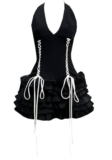 Halter Lace Up Detail Ruffle Dress Black
