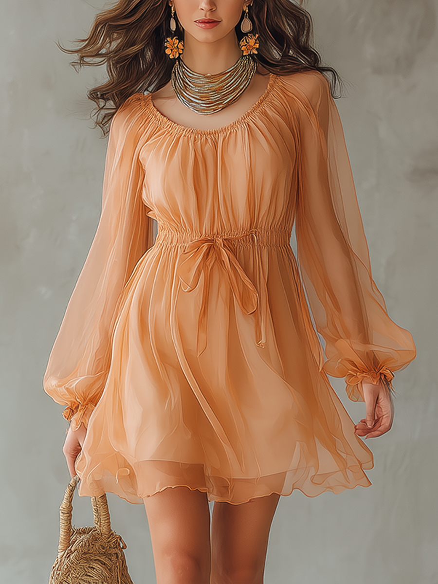 Orange Lightweight Chiffon Fitted Dress