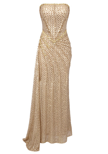 Strapless Sequin Draped Maxi Dress Gold