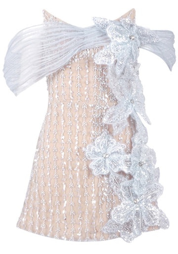 Floral Bardot Crystal Dress Nude
