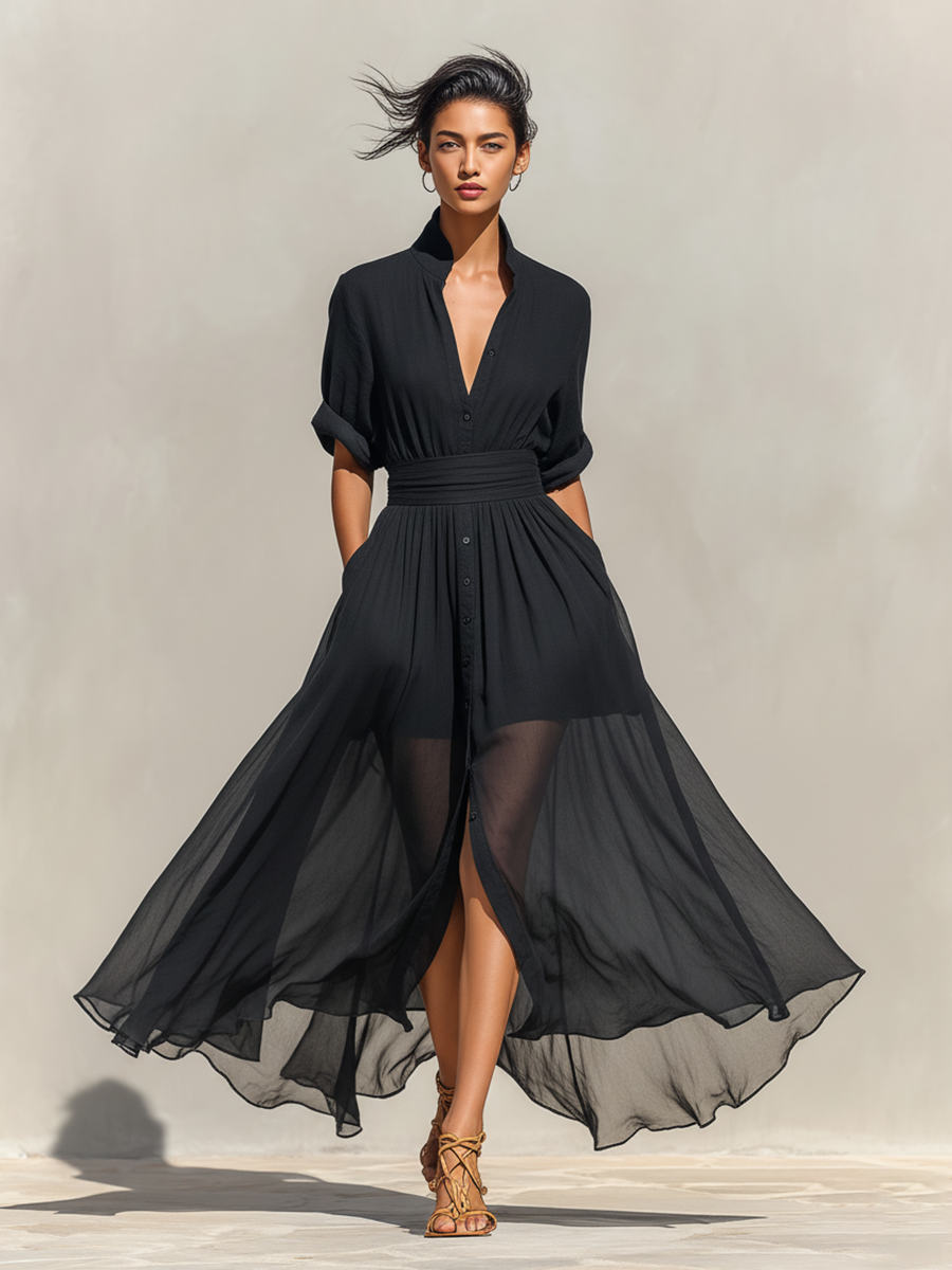 Women's Black Flowy Rayon Dress With Sheer Overlay & Elasticated Waist, Modern Sophisticated-Resort Style Dress MDZ1863C5I