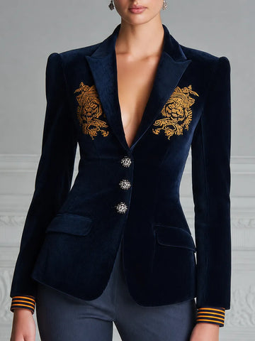 Navy Velvet Embroidered Peak Lapel Blazer