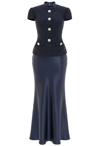 Short Sleeve Two Piece Maxi Dress Navy Blue