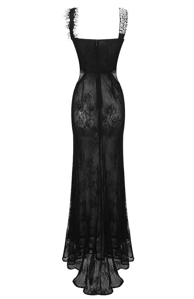 Halter Crystal Lace Maxi Dress Black