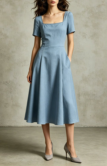Women's Square Neck Short Sleeve Midi Dress with Flared Skirt