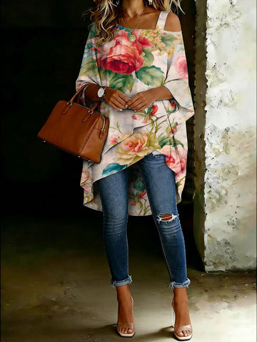 Women's Vintage Floral Cold Shoulder Asymmetrical Hem Blouse