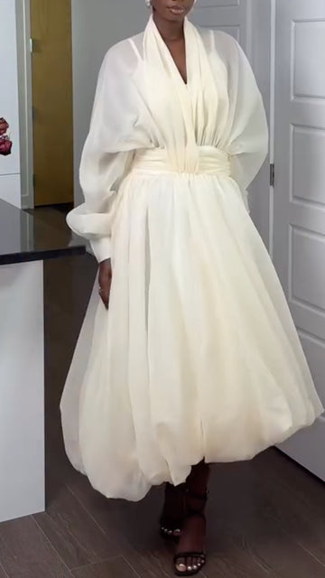 White Puff Sleeve Organza V Neck Belted Midi Balloon Dress