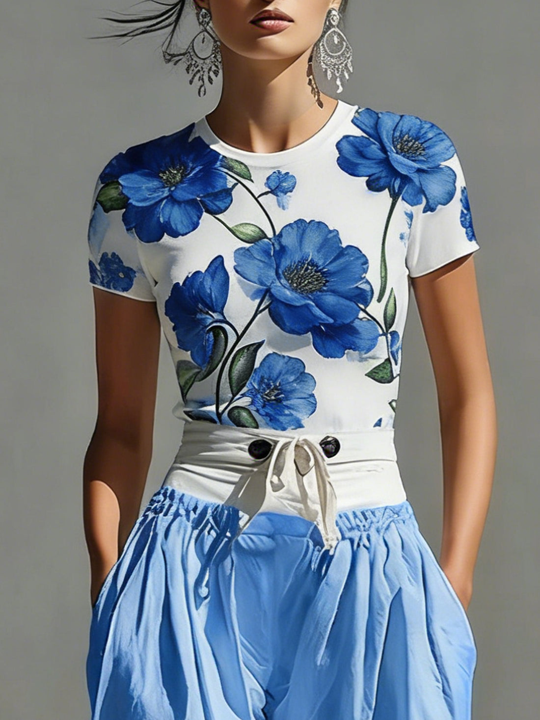 Blue Floral Top and Double-Waistband Trousers Set