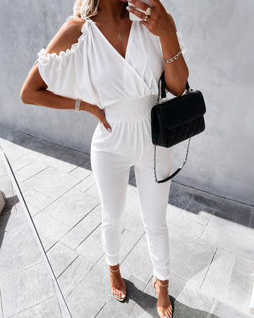 Women's Cold Shoulder Jumpsuit Surplice V Neck Shirred Waist Overalls Casual Frill Trim Tied Detail Hollow Out Jumpsuit