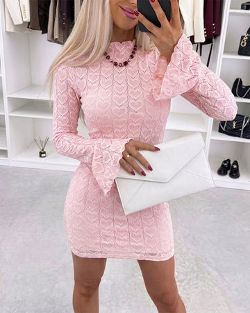 Women's Heart Jacquard Mini Dress Flared Cuffs Mock Neck Bodycon Dress Frill Hem Party Clubwear with Lining
