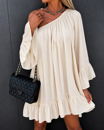 Women's Ruffle Loose Dress Elastic Convertible Shoulder Flare Sleeve Boho Mini Dress