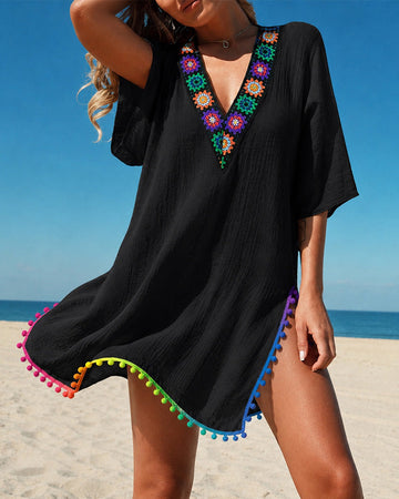 Women's V Neck Beach Cover Up Pom Pom Trim Side Slit Sheer Caftan Causal Three Quarters Sleeve Swimwear