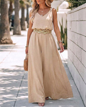2 Pieces Outfit V-Neck Shoulder Bowknot Design Sleeveless Tank Top and Casual Zipper Fly Elastic Back Waist Wide Leg Pants Set without Belt