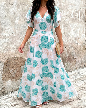 Women's Floral Print Deep V Neck Maxi Dress Flutter Sleeve High Waist Vacation Dress