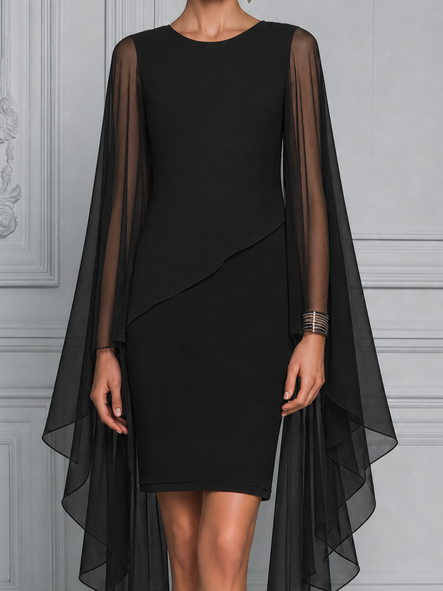 Black Sheer Chiffon Cape Sleeve  Overlay Pencil  Dress