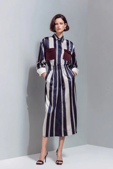 Women's Navy Blue & Cream Vertical Striped Shirt Dress with Contrast Pockets