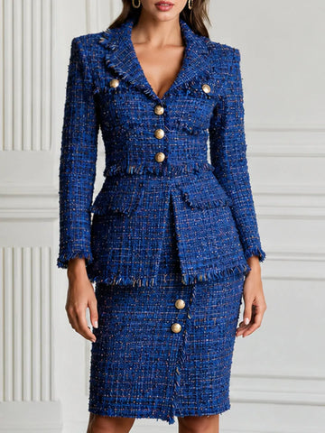 Elegant Royal Blue Tweed Fringe Blazer & Pencil Skirt Set