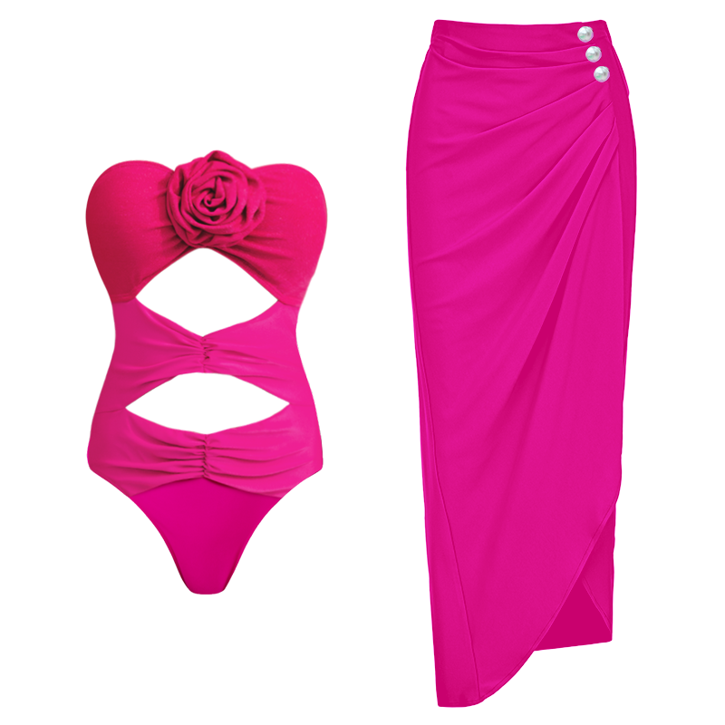 3D Flower Cut Out One Piece Swimsuit and Skirt