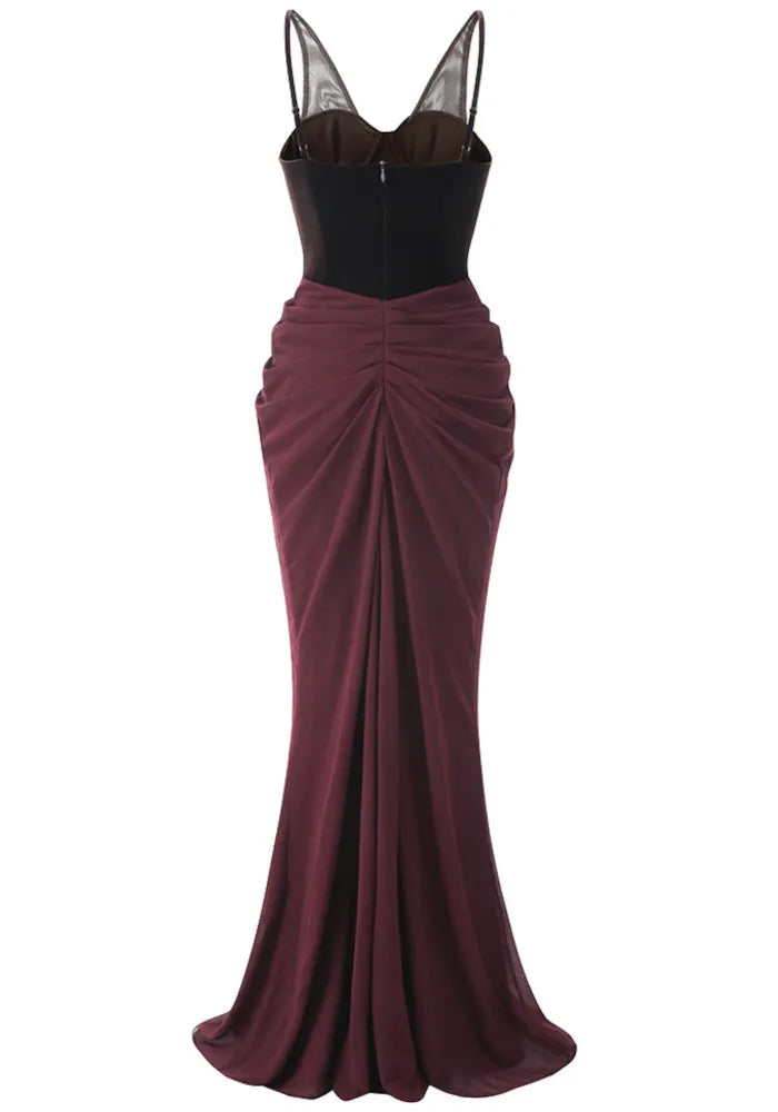 Velvet Bustier Draped Maxi Dress Brown