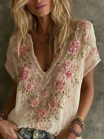 Women's Vintage Rose Floral Embroidery Cotton V  Neck T-shirt