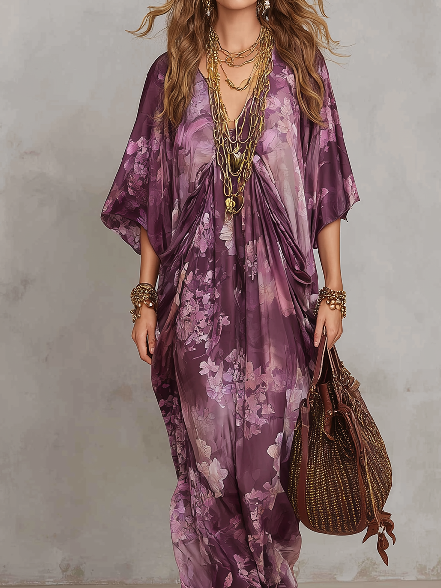 Vintage Purple Floral Bohemian Maxi Dress