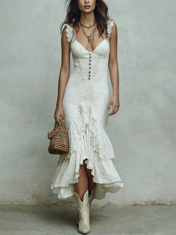 Lace And Striped Cotton Blend Mermaid Dress With Ruffles And Button Front