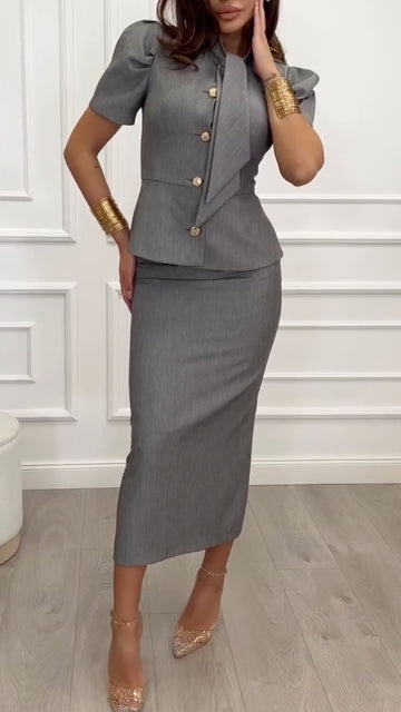 Gray Stand Collar Tie Waist Blazer Pencil Skirt Suit