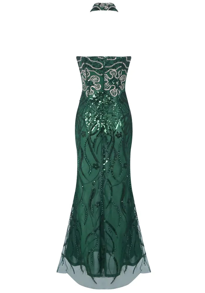 Strapless Embellished Choker Maxi Dress Green