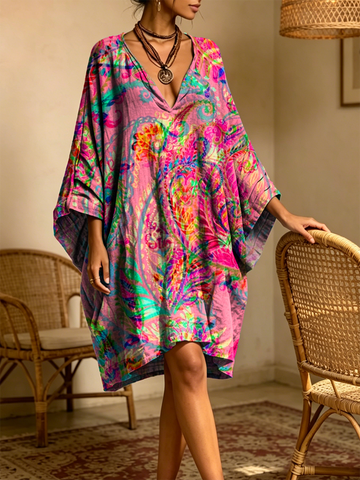 Women's Colorful Paisley Art Print Casual Three-quarter Sleeve V-neck Cotton Linen Short Dress