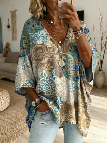 Women's Retro Bohemian-Style Tribal Floral Art Print Casual Washed Cotton Denim Jacket