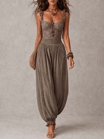 Bohemian Taupe Lace Bustier And Crinkle Cotton Harem Pants Set