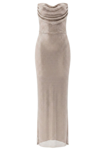 Strapless Draped Embellished Corset Maxi Dress Nude