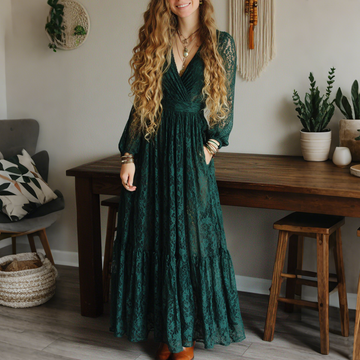 Elegant V-neck High Waist Lace Flared Long Sleeve Dress