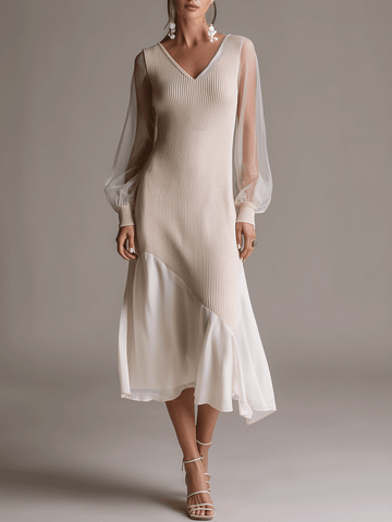 Elegant Minimalist Long-Sleeve V-Neck Midi Dress