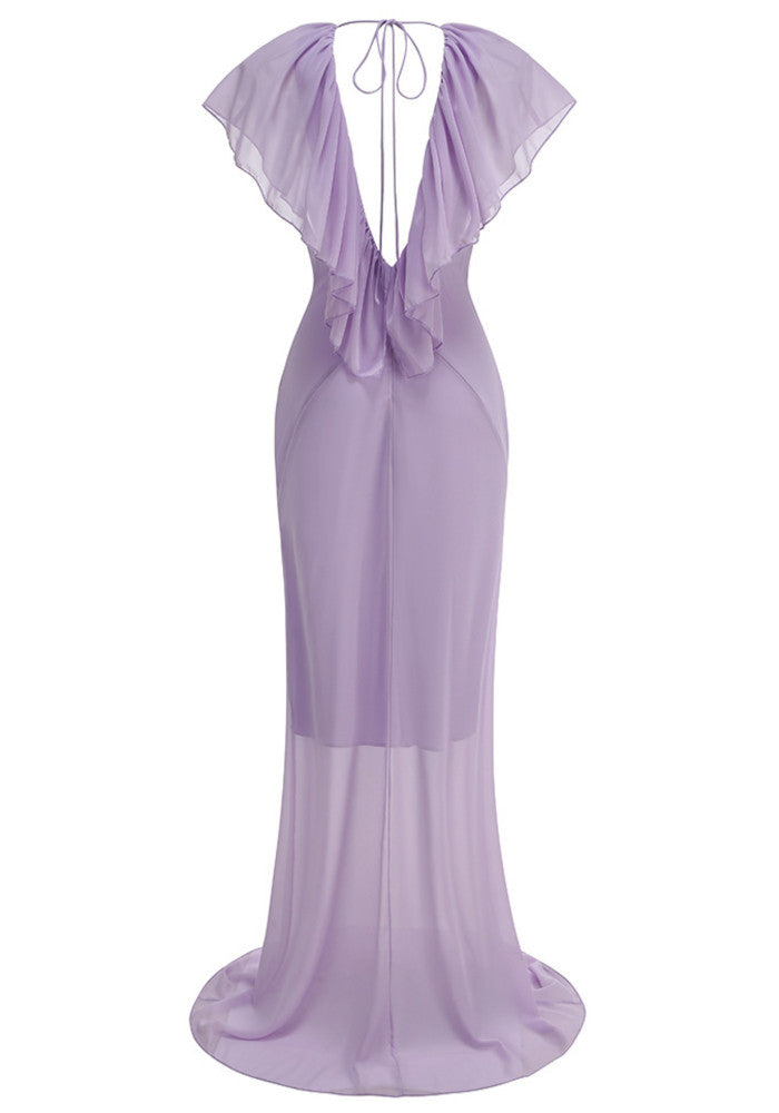 Ruffle Plunging Neck Maxi Dress Lavender