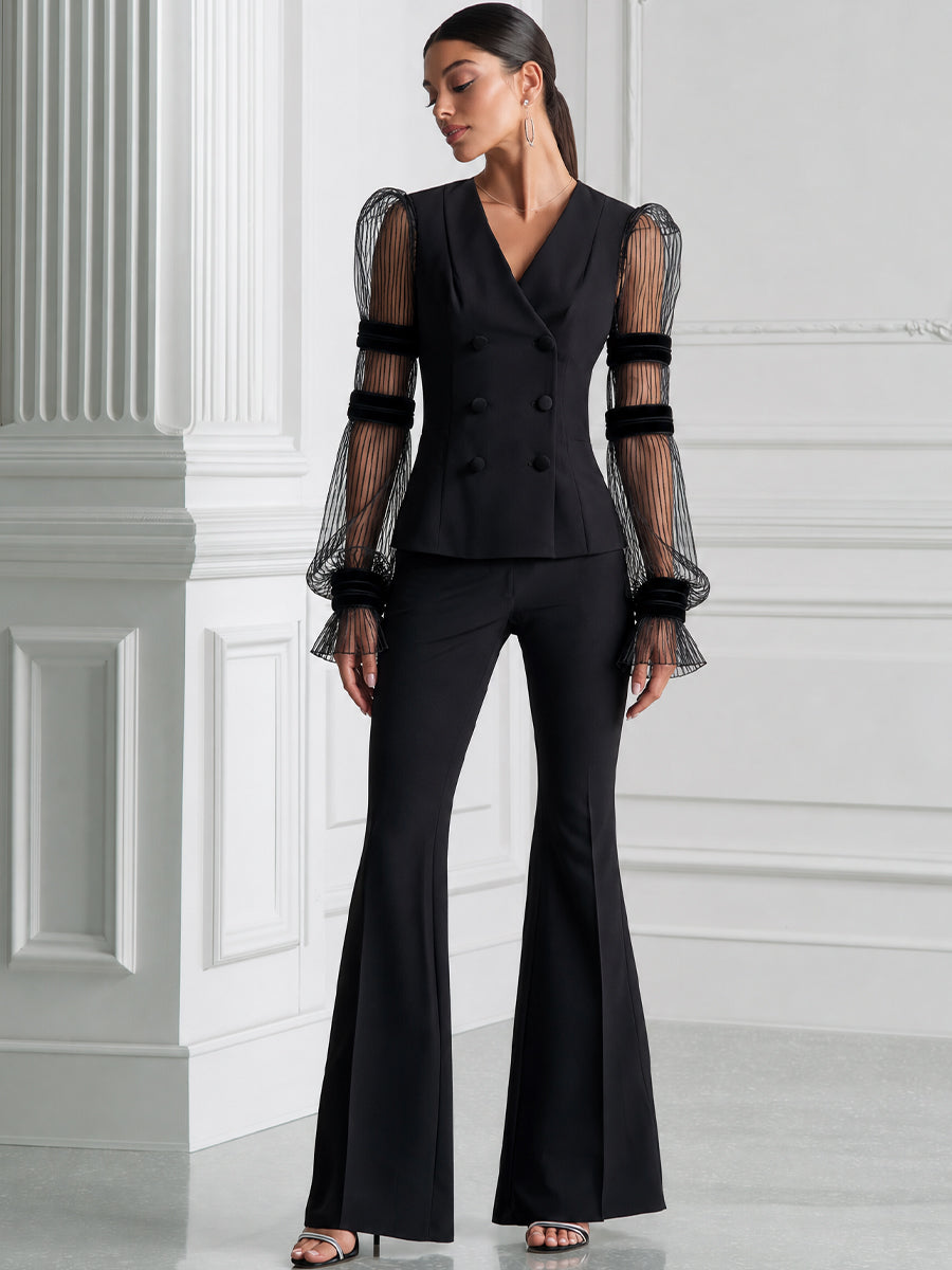 Double-Breasted Sheer Striped Mesh Balloon Sleeve Blazer & Flare Pants Two-Piece Suit Set