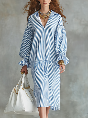 Relaxing Blue Stripe Puff-Sleeve Midi Dress