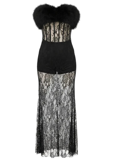 Strapless Fur Lace Maxi Dress Black