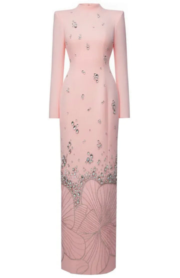 Long Sleeve Crystal Flower Maxi Dress Pink