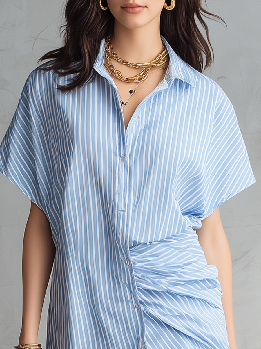 Chic Striped Side Ruched Shirt Mini Dress