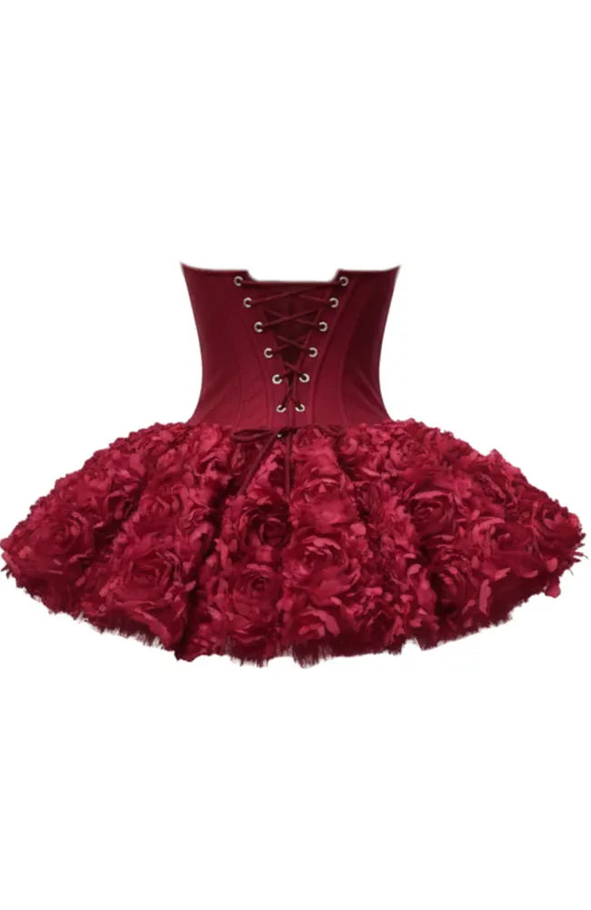 Strapless Petal Floral Corset A Line Dress Red