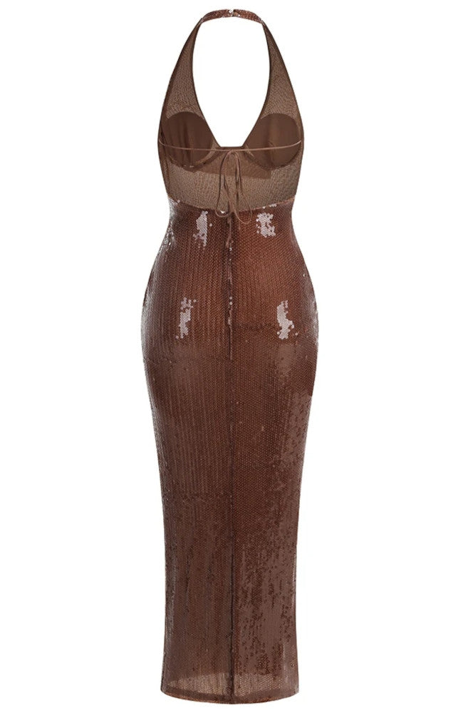 Halter Sequin Maxi Dress Brown