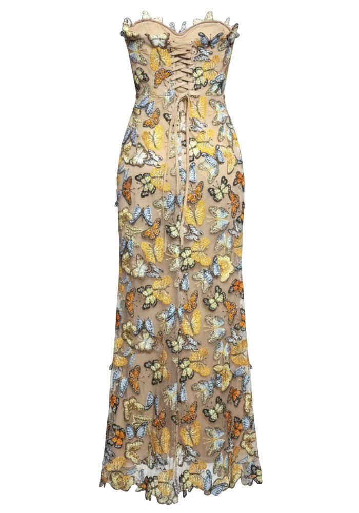 Strapless Butterfly Detail Corset Maxi Dress Yellow