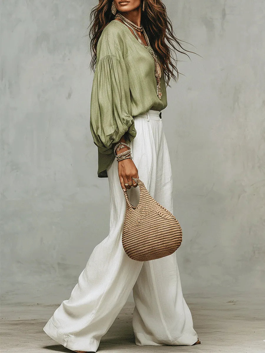 Green Lantern Sleeve Shirt And Loose White Wide-leg Pants Suit