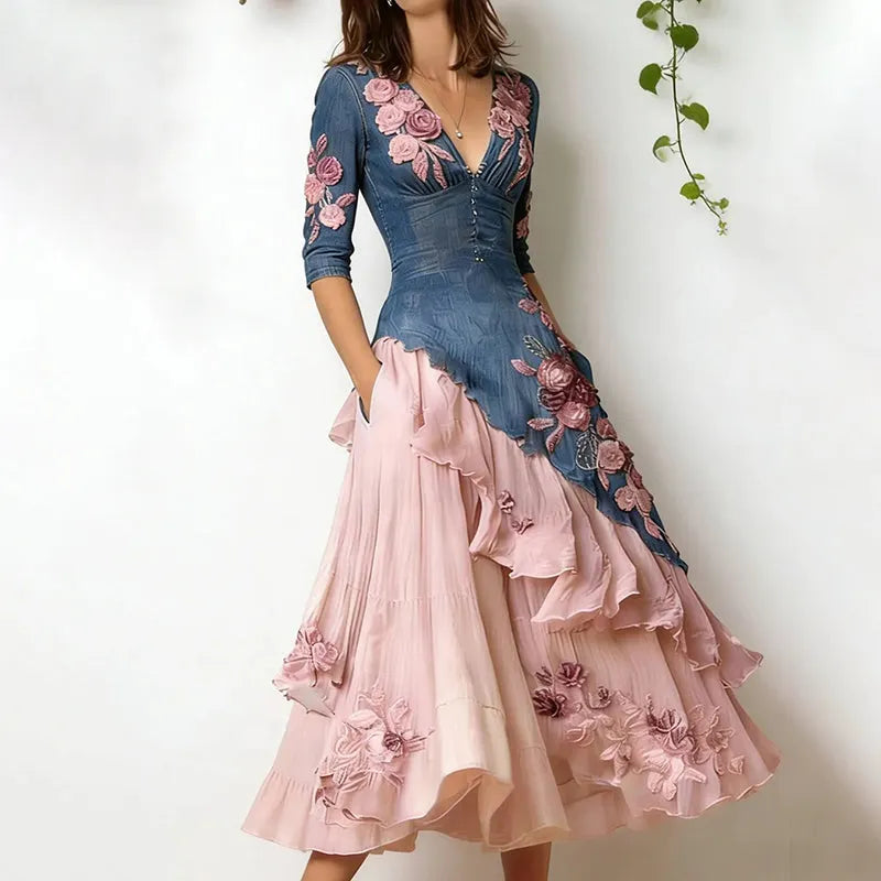 Women's Elegant Floral Embroidered Patchwork Art Midi Dress